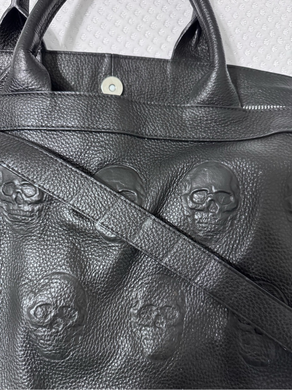 Black Leather Skull-Embossed Tote Bag - Picture 2 of 4